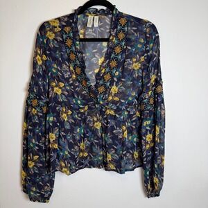 Meadow Rue by Anthropologie Embroidered Floral V-Neck Boho Blouse Women's S